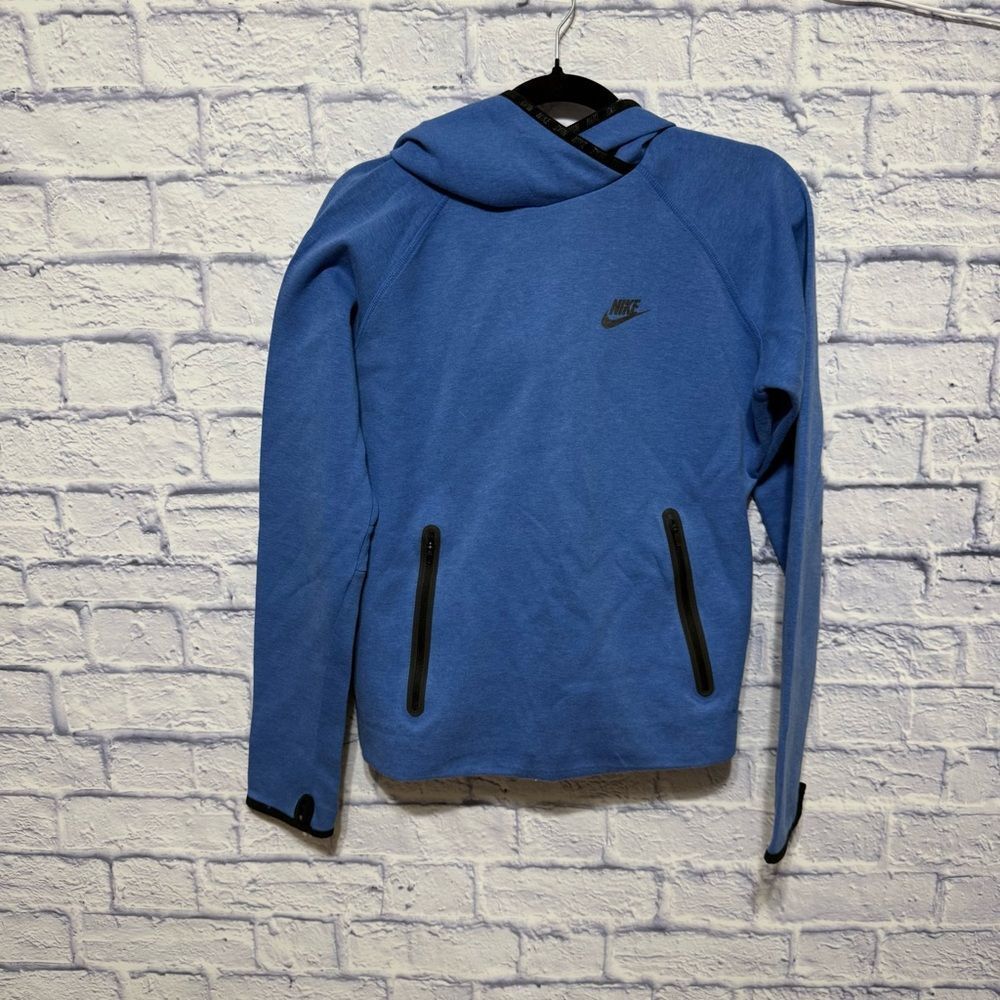 WOMEN'S NIKE TECH FLEECE RUNNING PULLOVER BLUE FUNNEL HOODIE SIZE L